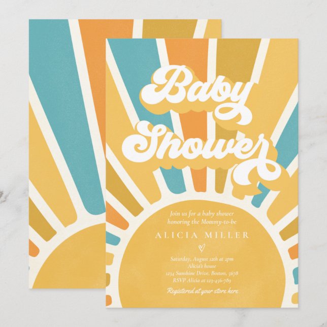 Sunshine Baby Shower Boho Retro Yellow Sunshine Invitation (Front/Back)