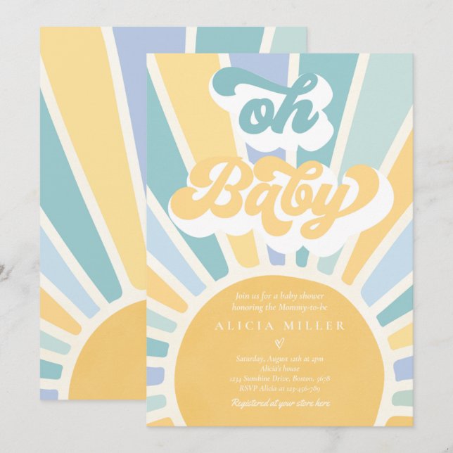 Sunshine Baby Shower Boho Retro Yellow Sunshine Invitation (Front/Back)