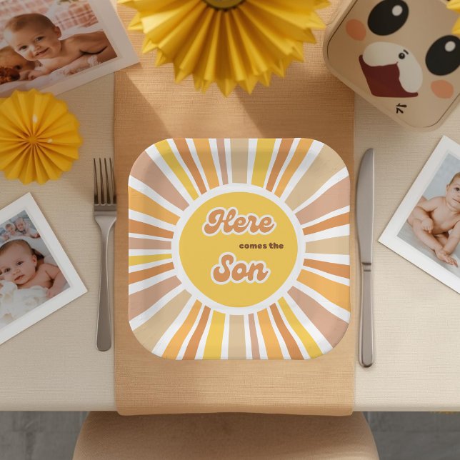 Sunshine Baby Shower Boho Retro Yellow Sunshine Paper Plates (Creator Uploaded)