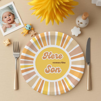 Sunshine Baby Shower Boho Retro Yellow Sunshine Paper Plates