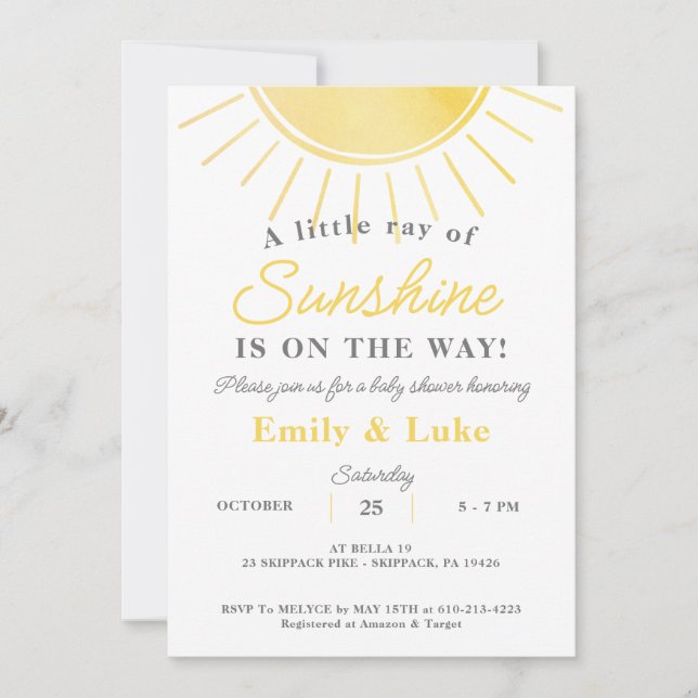 Sunshine Baby Shower Gender Neutral Watercolor Invitation (Front)