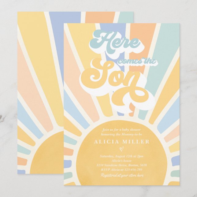 Sunshine Baby Shower Here Come The Son Blue Rays Invitation (Front/Back)
