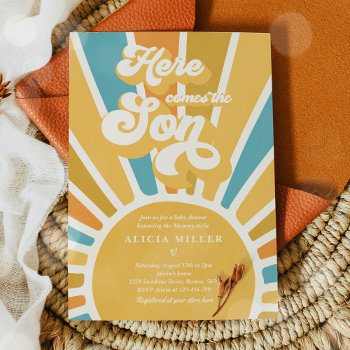 Sunshine Baby Shower Here Come The Son Blue Rays Invitation by PixelPerfectionParty at Zazzle