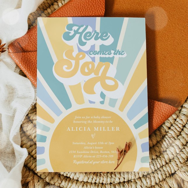 Sunshine Baby Shower Here Come The Son Blue Rays Invitation (Creator Uploaded)