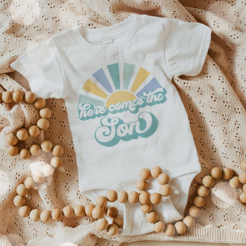 Sunshine Baby Shower Here Come The Son Yellow Rays Baby Bodysuit by PixelPerfectionParty at Zazzle