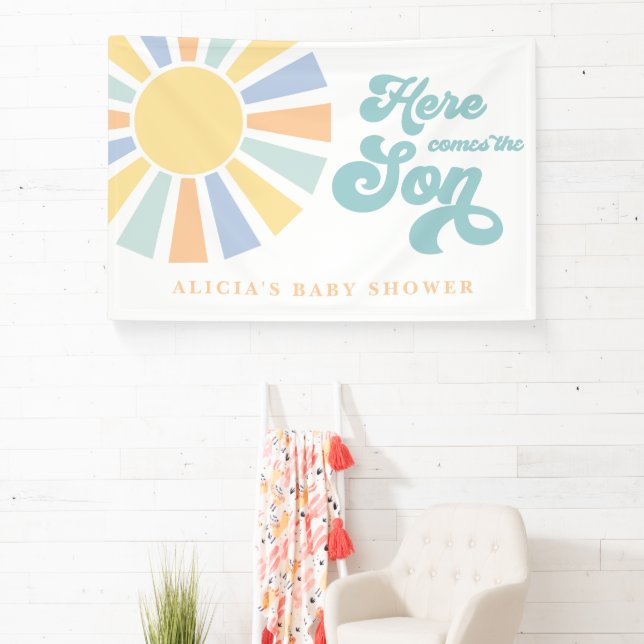 Sunshine Baby Shower Here Come The Son Yellow Rays Banner (Insitu)