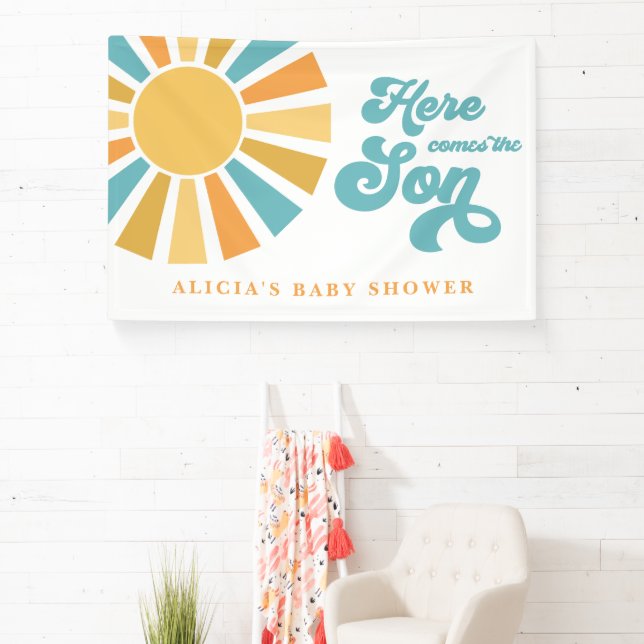 Sunshine Baby Shower Here Come The Son Yellow Rays Banner (Insitu)