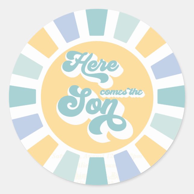 Sunshine Baby Shower Here Come The Son Yellow Rays Classic Round Sticker (Front)