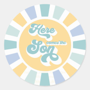 Sunshine Baby Shower Here Come The Son Yellow Rays Classic Round Sticker