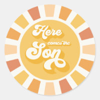 Sunshine Baby Shower Here Come The Son Yellow Rays Classic Round Sticker