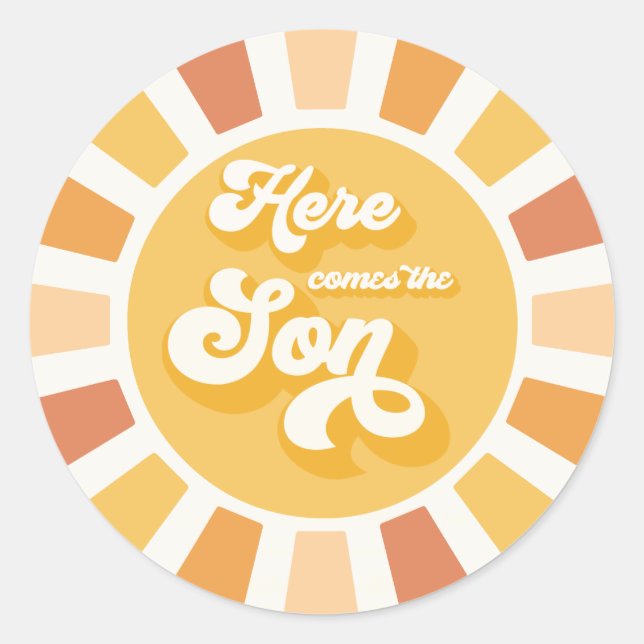 Sunshine Baby Shower Here Come The Son Yellow Rays Classic Round Sticker (Front)