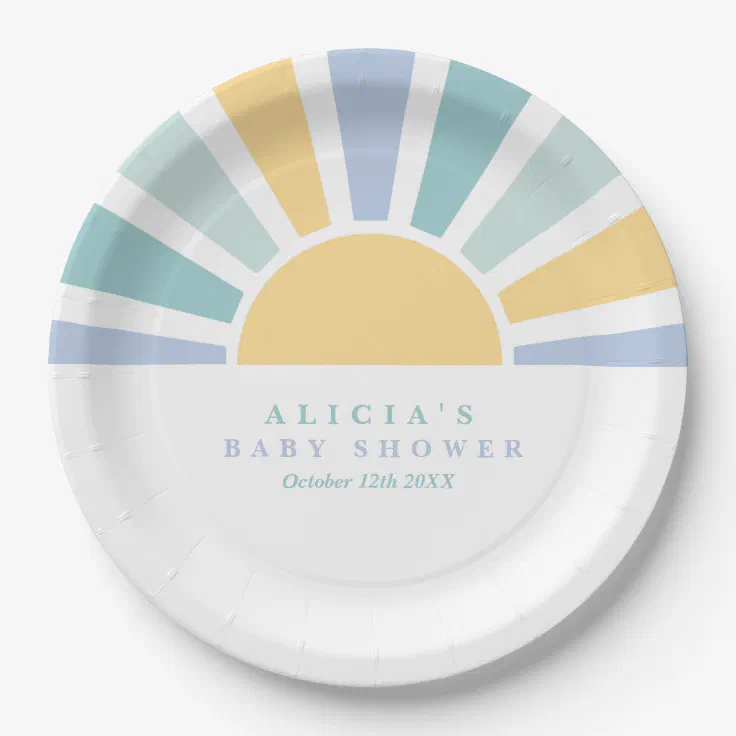 Sunshine Baby Shower Here Come The Son Yellow Rays Paper Plates (Front)