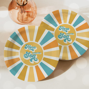 Sunshine Baby Shower Here Come The Son Yellow Rays Paper Plates by PixelPerfectionParty at Zazzle