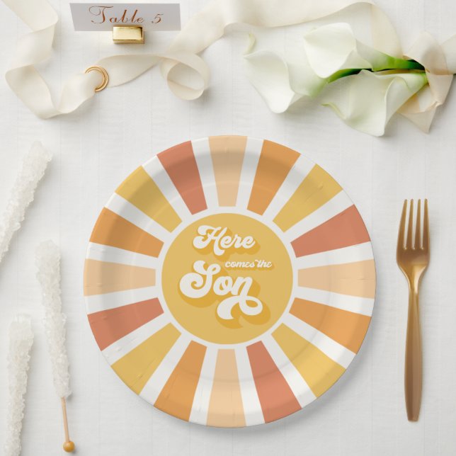 Sunshine Baby Shower Here Come The Son Yellow Rays Paper Plates (Wedding)