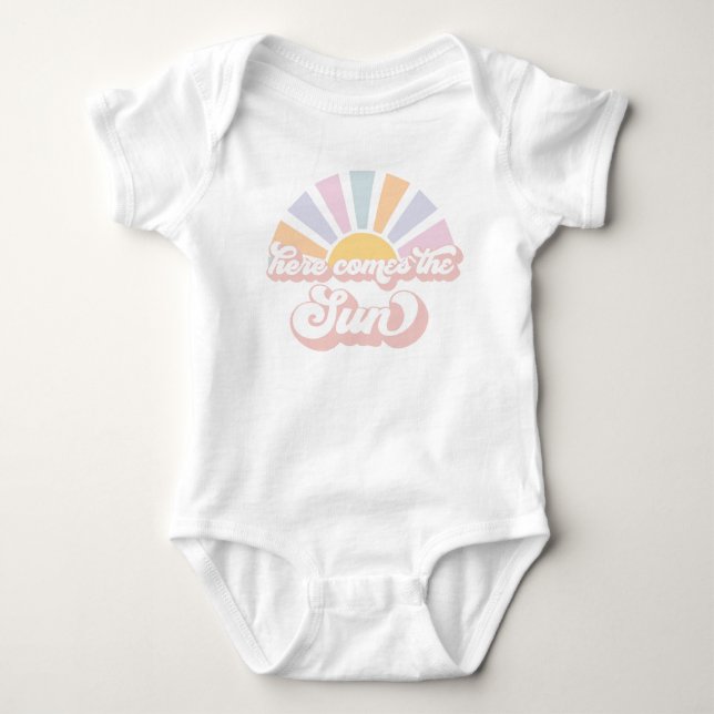 Sunshine Baby Shower Here Come The Sun Pink Rays Baby Bodysuit (Front)