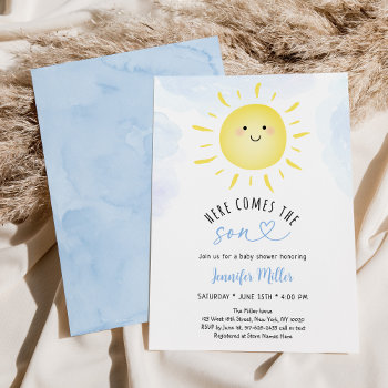 Sunshine Baby Shower Here Comes The Son Blue Invitation by LittlePrintsParties at Zazzle