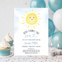 Sunshine Baby Shower Here Comes The Son Blue Invitation