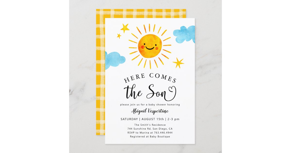 Sunshine baby shower here comes the son invitation zazzle