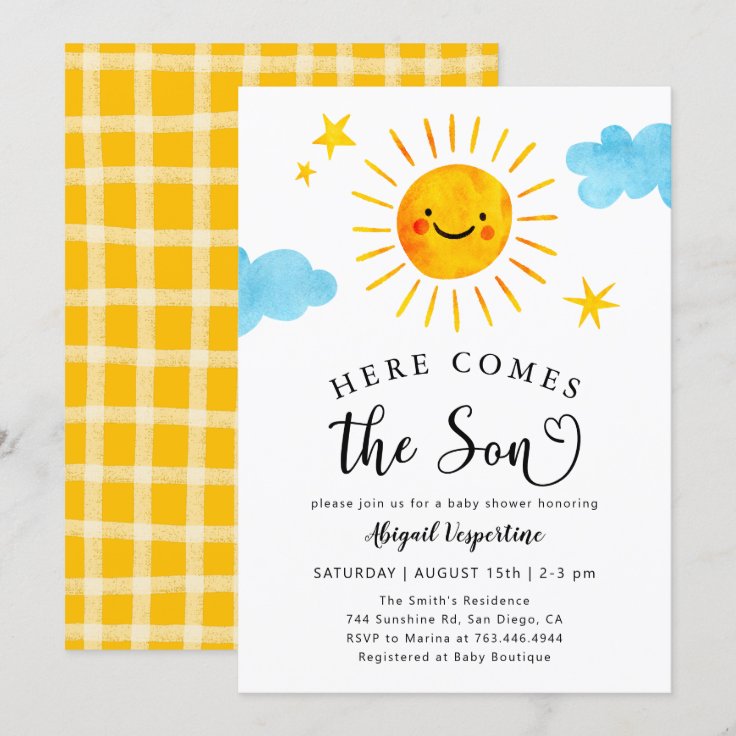 Sunshine baby shower here comes the son invitation zazzle