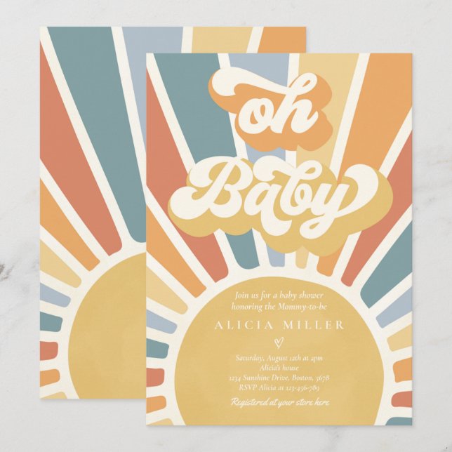Sunshine Baby Shower Muted Boho Retro Sunshine Invitation (Front/Back)