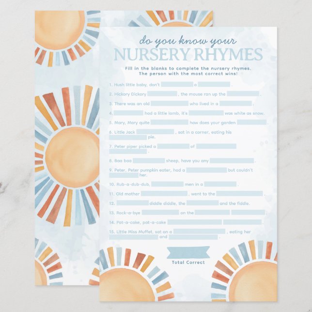 Sunshine Baby Shower Nursery Rhyme Game (Front/Back)