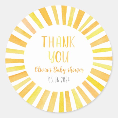 Sunshine Baby Shower Thank You  Classic Round Sticker