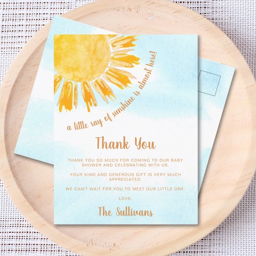 Sunshine Baby Shower Thank You Postcard