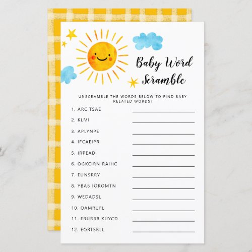 Sunshine Baby Shower Word Scramble Game