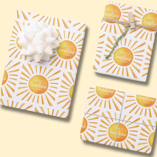 Sunshine Baby Shower Wrapping Paper Sheets (Sunshine baby shower gift wrap sheets with "A Little Ray of Sunshine if on the way text")