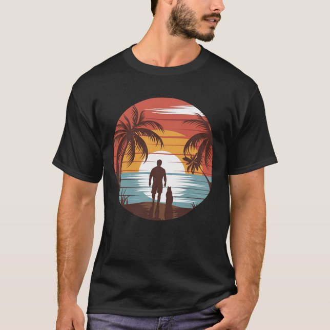 Sunshine Beach Day Illustration – Man and Cat T-Shirt (Front)