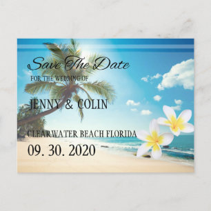 Sunshine Beach Palm Trees Plumeria Save The Date Announcement Postcard