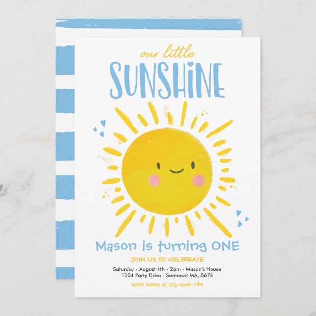 Sunshine Birthday Party Blue Our Little Sunshine Invitation (Front/Back)