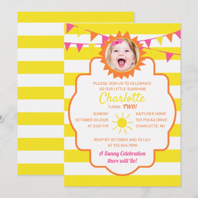 Sunshine Birthday Party Photo Invitation (Front/Back)