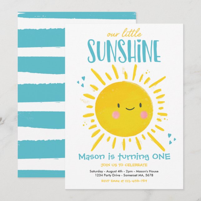 Sunshine Birthday Party Turquoise Little Sunshine Invitation (Front/Back)