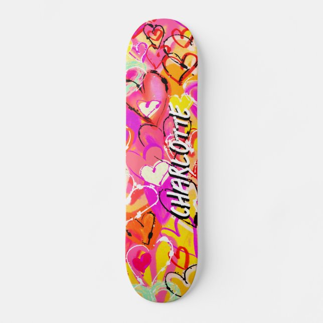 Sunshine Bliss: Yellow & Pink Graffiti Hearts Skateboard (Front)