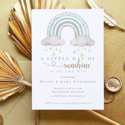 Sunshine Blue Boho Rainbow Boy Baby Shower Invitation