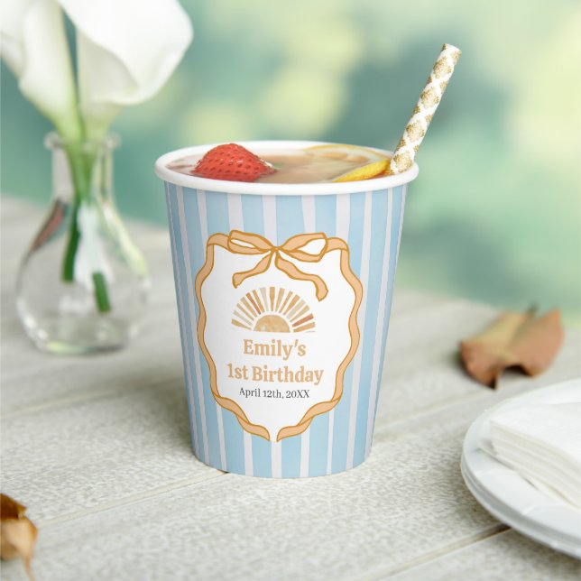 Sunshine Blue Gingham Birthday Party Paper Cups (Insitu)