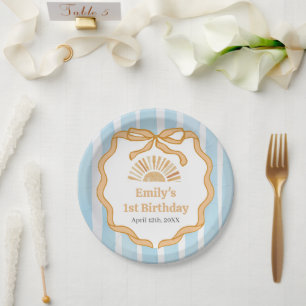 Sunshine Blue Gingham Birthday Party Paper Plates