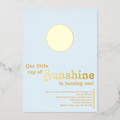Sunshine Blue Gold Sun Baby First Birthday Foil Invitation