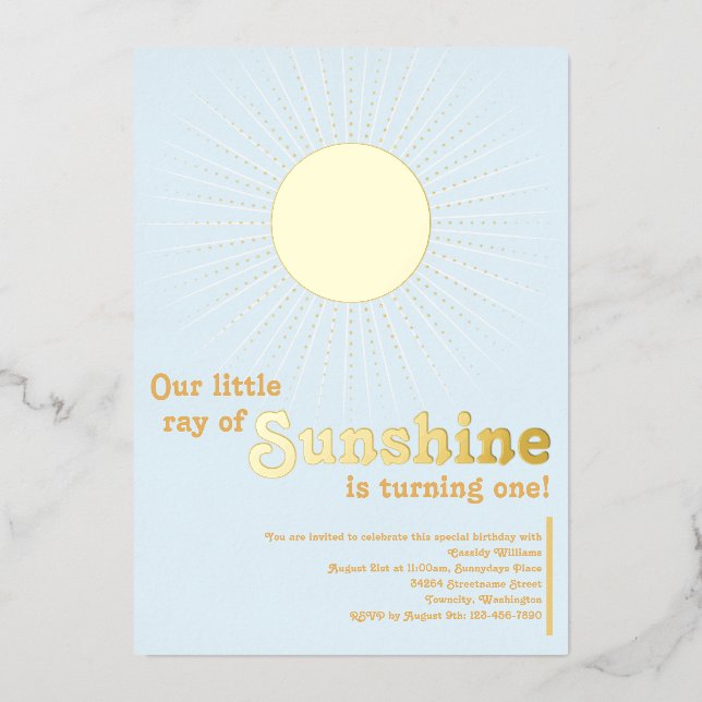 Sunshine Blue Gold Sun Baby First Birthday Foil Invitation (Front)