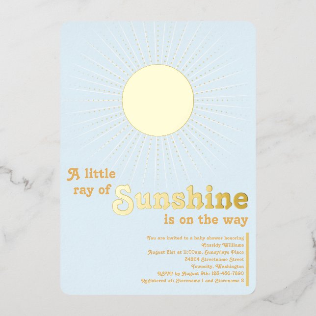 Sunshine Blue Gold Sun Baby Shower Foil Invitation (Front)