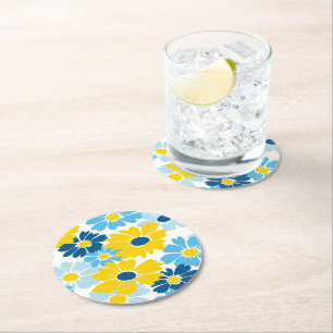 Sunshine Blue Sky Blooming Daisy Round Paper Coaster