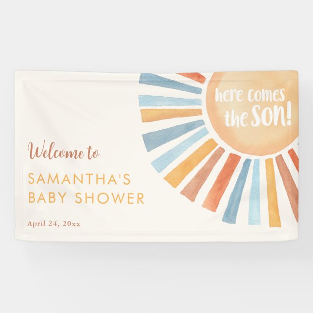 Sunshine boho boy baby shower here comes the son banner (Horizontal)