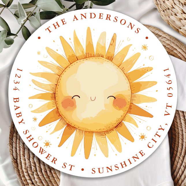 Sunshine Boho Cute Sun Baby Shower Return Address Classic Round Sticker (Creator Uploaded)