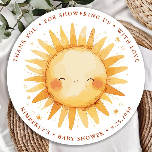 Sunshine Boho Cute Sun Baby Shower Thank You Classic Round Sticker (Creator Uploaded)