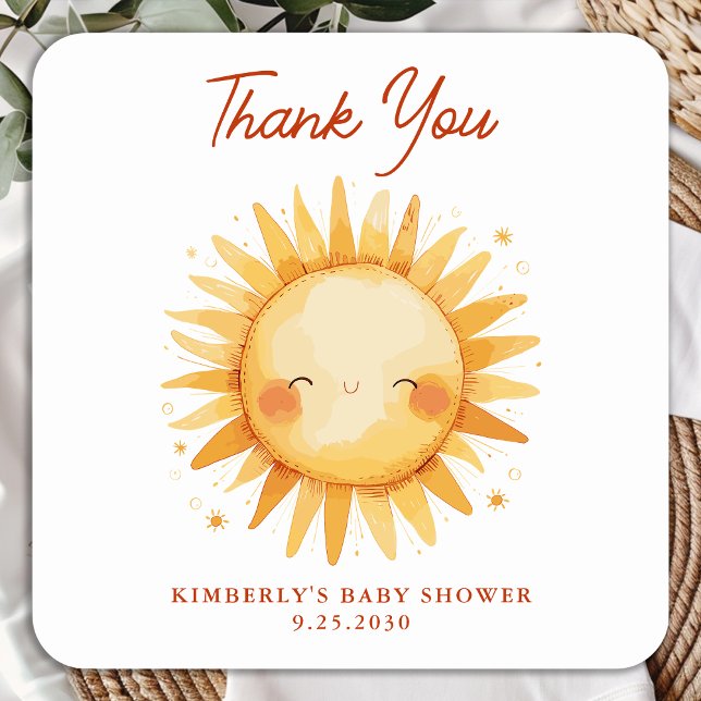 Sunshine Boho Cute Sun Baby Shower Thank You Square Sticker (Creator Uploaded)