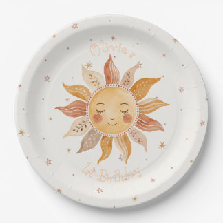Sunshine Boho Pink Sun 1st Birthday Paper Plates