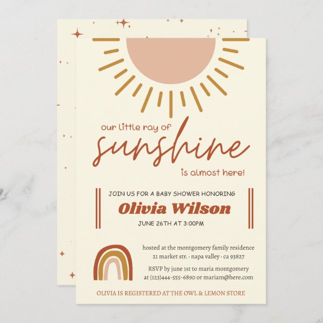 Sunshine Boho Rainbow Baby Shower Invitation (Front/Back)