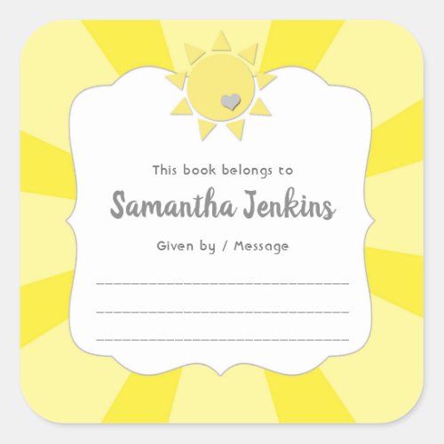 Sunshine bookplates neutral gender baby shower square sticker