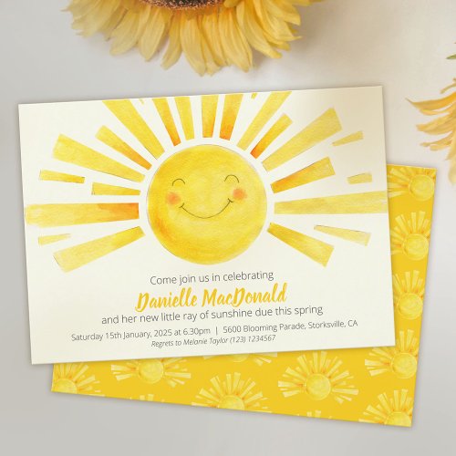 Sunshine bright yellow whimsy baby shower invitation